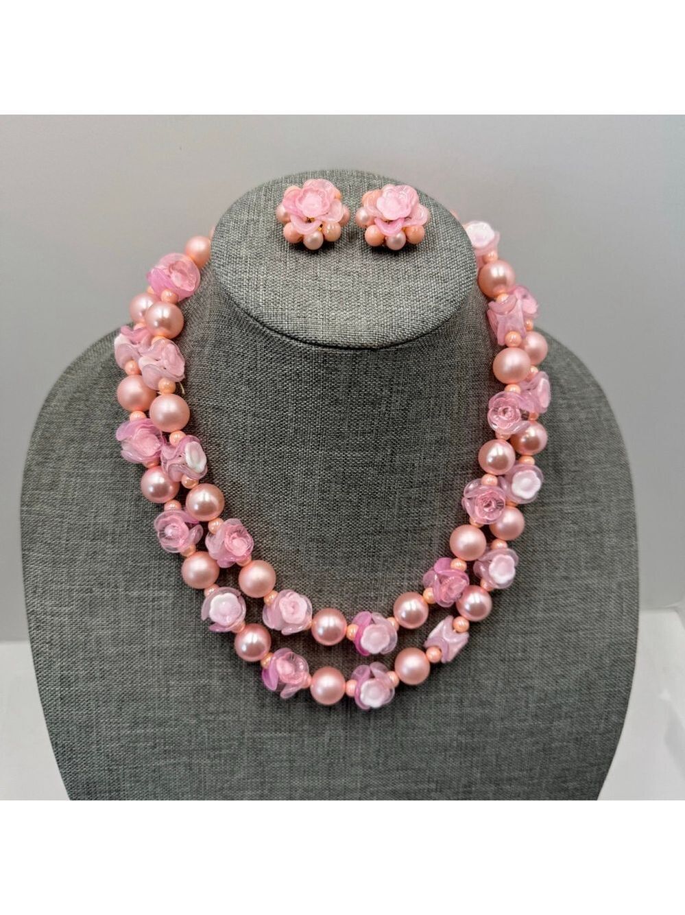Vintage Pink Bead Necklace & Clip On Earring Set Floral Retro pin-up Tiki